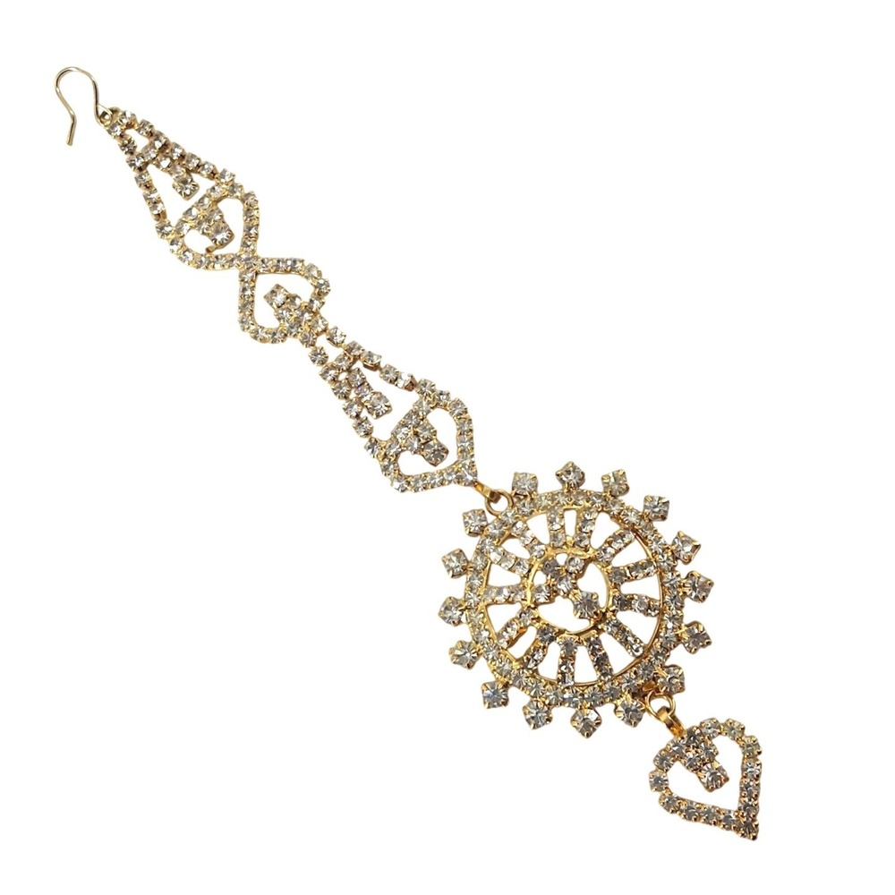 Gold Tone Rhinestone Maang Tikka Heart Sunburst Indian Bridal Headpiece 6.5in